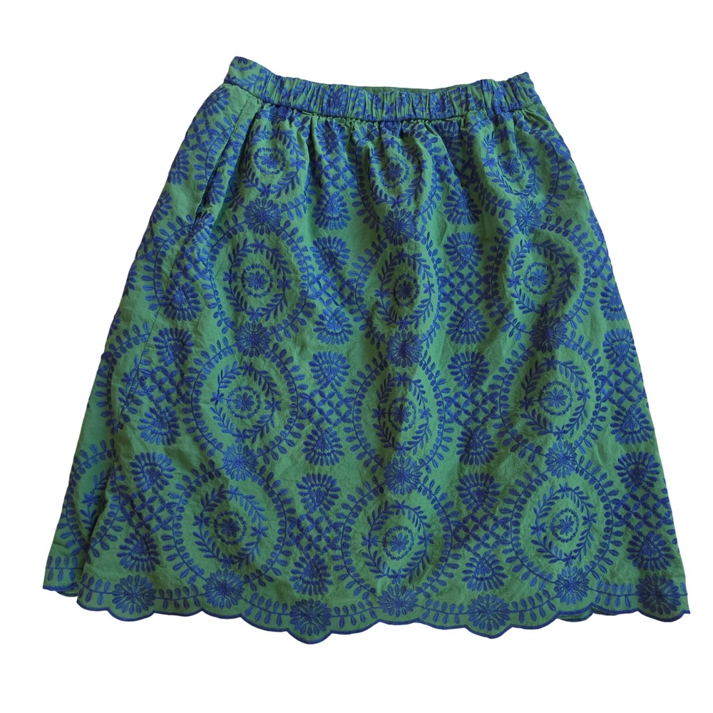 Talbots Petite Green Blue Embroidered Scalloped Hem A-Line Skirt Cotton Size 10P - Picture 4 of 8